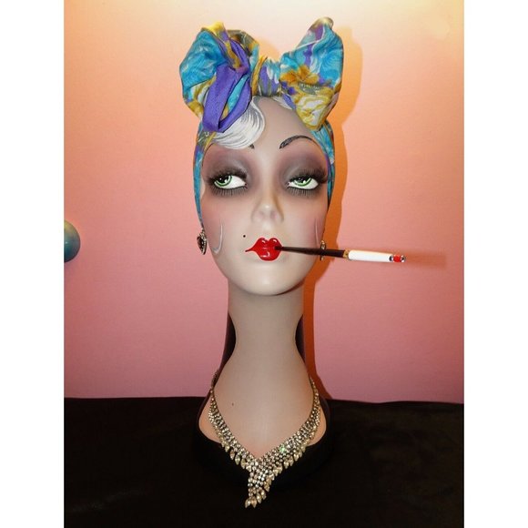 Vintage Blue & Purple Extra Large Floral Scarf square shaped flowers leaves 70s - Picture 4 of 16